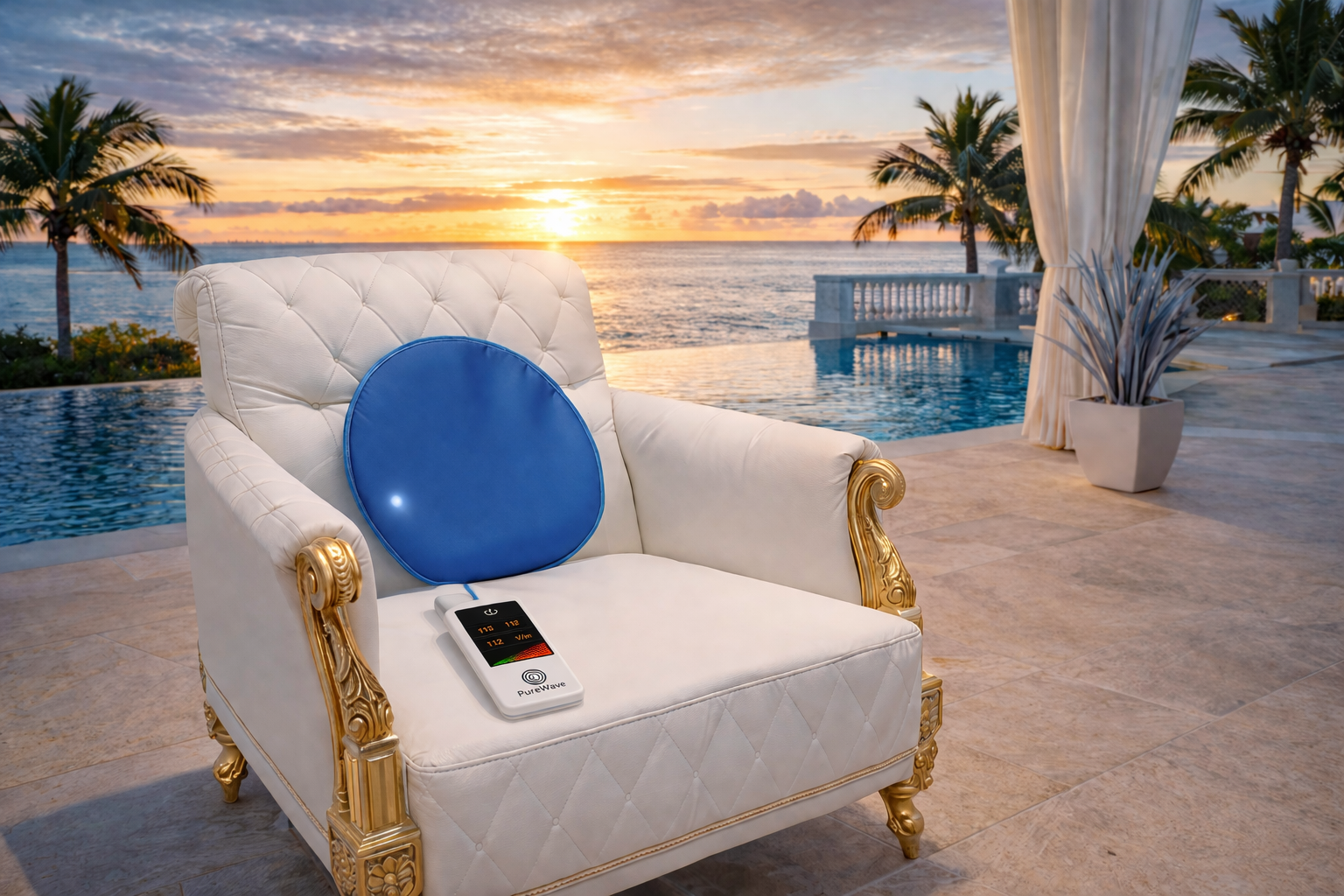 PureWave device at golden hour by the ocean